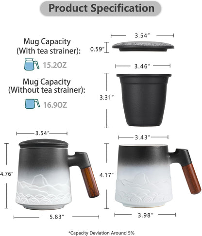 ZENS Tea Mug with Infuser and Lid for Loose Leaf Tea Steeper, 16.9oz Moss | Embossed Ceramic Tea Cup with Infuser for Herbal Tea Difussers, Tea Lovers Gifts, Nature Wood Handle