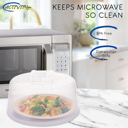 Large Microwave Cover for Food - Splatter Guard Lid - Cake Stand Cover - Size 11.5 In x 5 In Tall - Easy Grip Handle with Steam Vented Holes - BPA Free & Dishwasher Safe | Clear Plastic