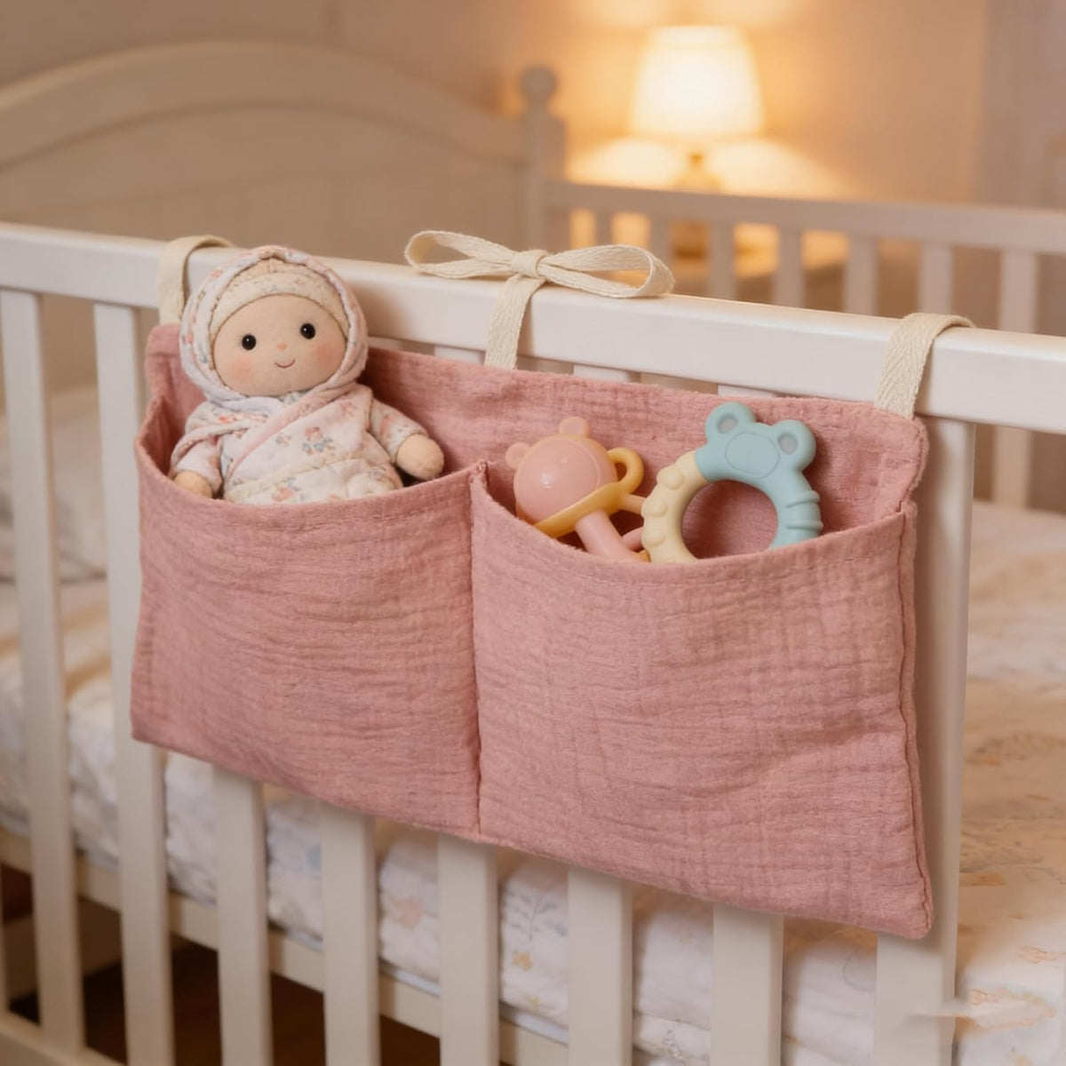 Baby Bedside Hanging Storage Bag Muslin Cotton Teddy Bear, Crib Diaper Caddy Organizer 2 Pockets, Nappy-Dormitory Nursery Organization Holder for Cribs, Playard or Wall Milk Bottle Bib Organizing