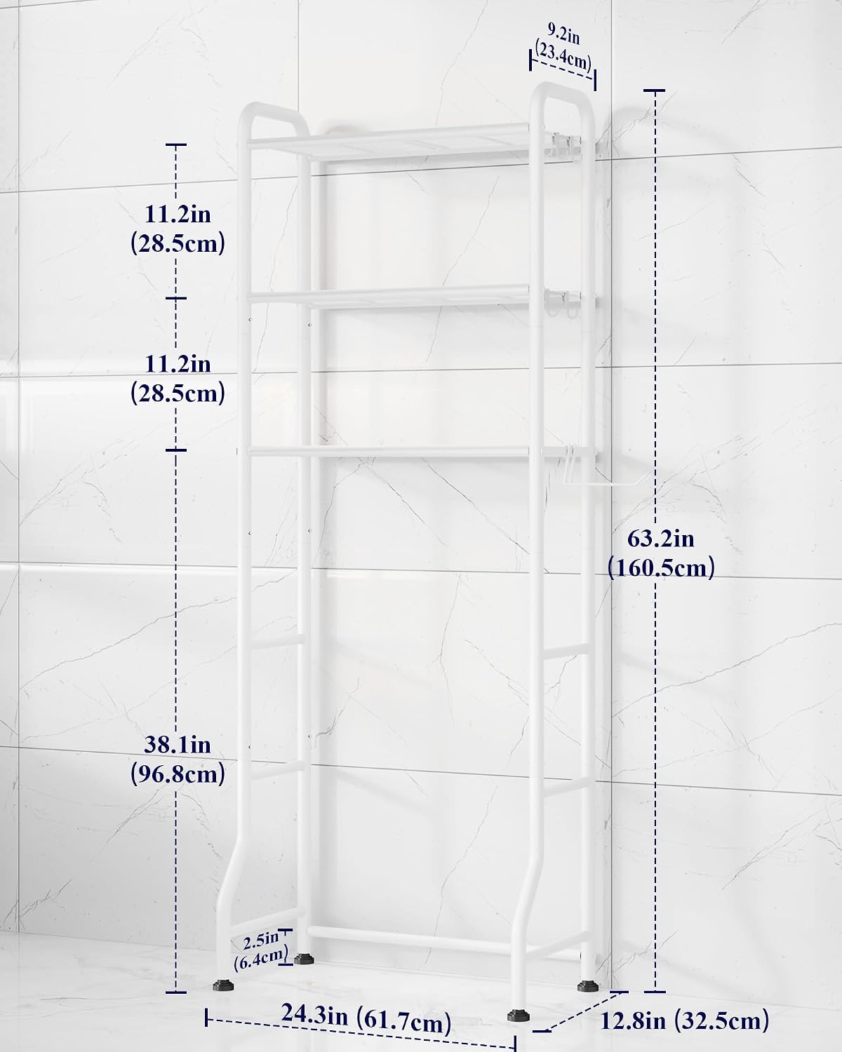 Kitsure Over Toilet Storage Rack, 63.2" H Space-Saving, Holder & Hooks | Bathroom, Laundry Room, Small Spaces, Families, Durable Metal, Black, 3 Tier