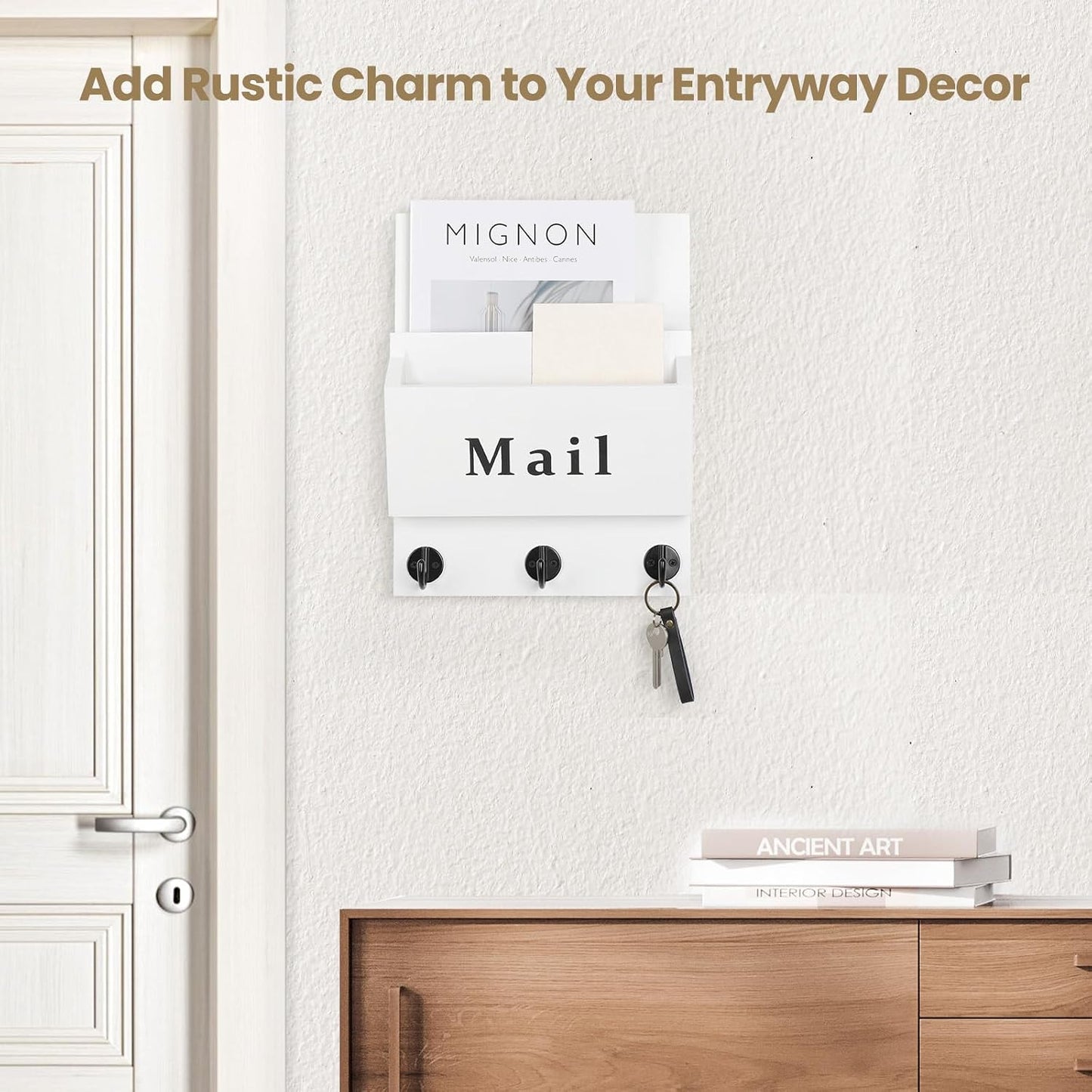 Mail and Key Holder, Wall Key Holder with 2 Mail Organizer Slot and 3 Hooks | Decorative 8.86" x 11.42" Mail Holder, Real Paulownia Wood with Keyhole Brackets, Hardware and Instructions