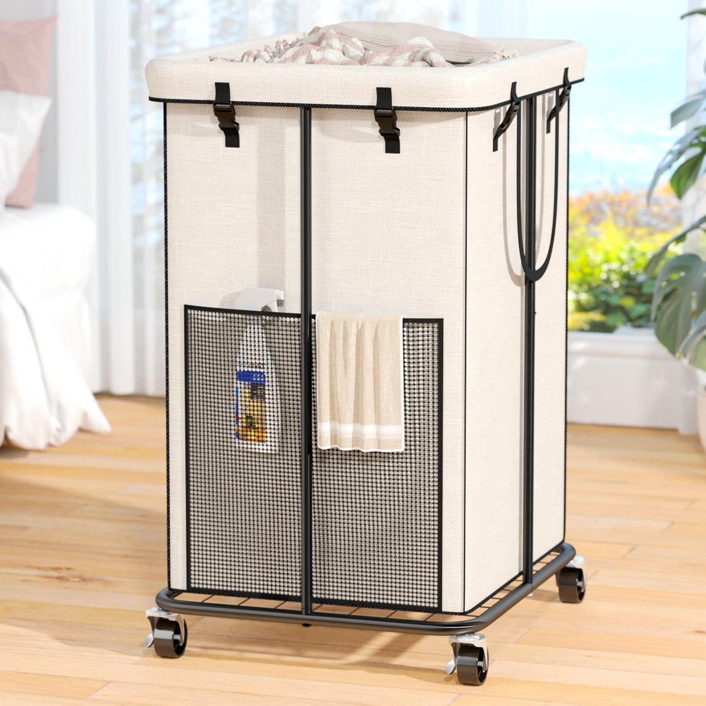 Laundry Hamper with Wheels, 150L Rolling Laundry Basket with Bag & Handles | Sturdy Metal Frame | Removable Bag | Large & Tall Dirty Clothes Hampers for Laundry Room, Bedroom, Dorm, Bathroom-Black