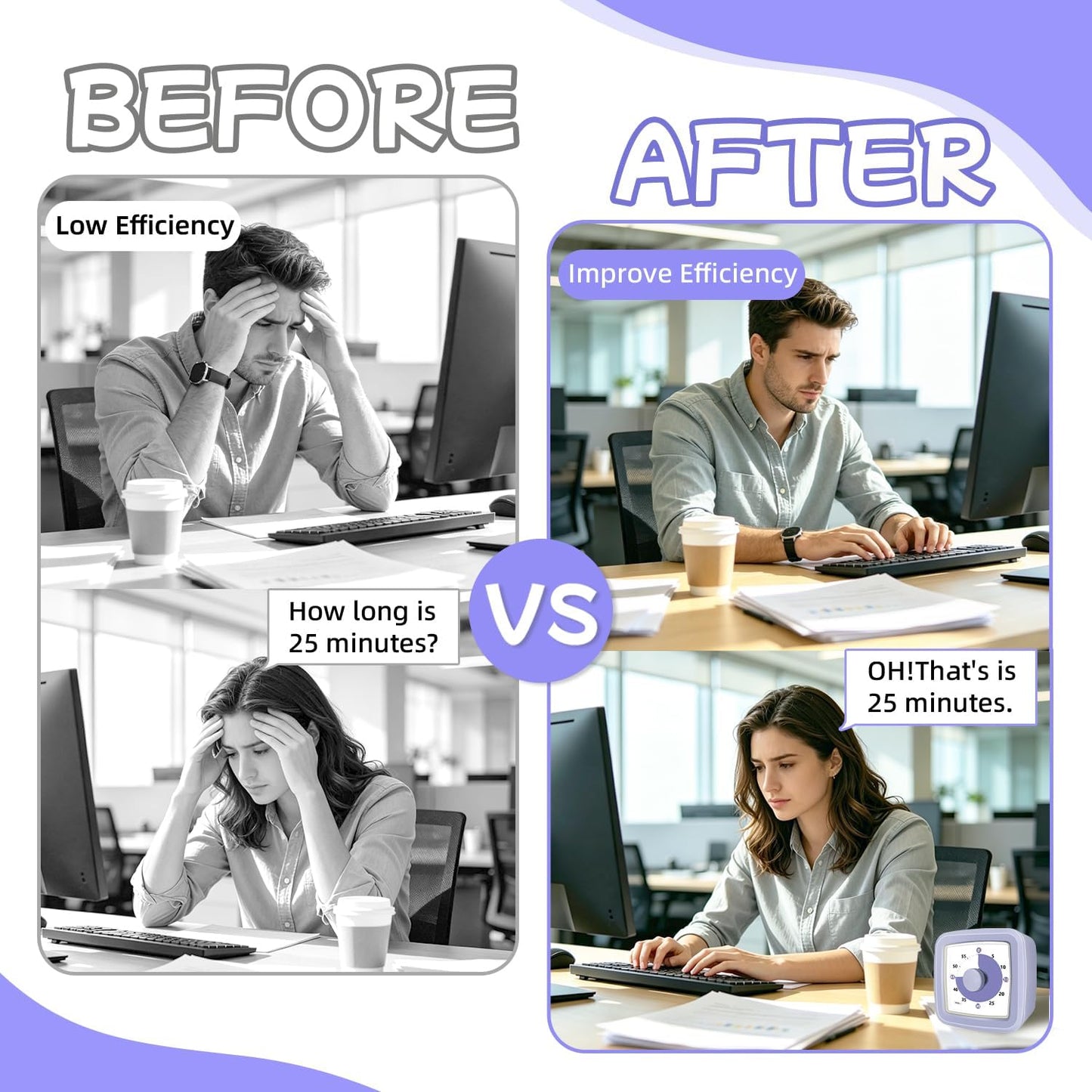 Visual Timer 60 Minute Timer Silent Countdown Clock – No Ticking, Gentle Ring with Mute Option, Timers for Kids Homework Classroom Management Kitchen Pasta, Adult Pomodoro & Deep Work, Purple