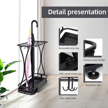 15 Slot Umbrella Stand with 8 Hooks – Heavy Duty Metal Indoor Umbrella Rack Holder with Removable Drip Tray – Large Commercial Entryway Organizer for Office, Lobby or Home
