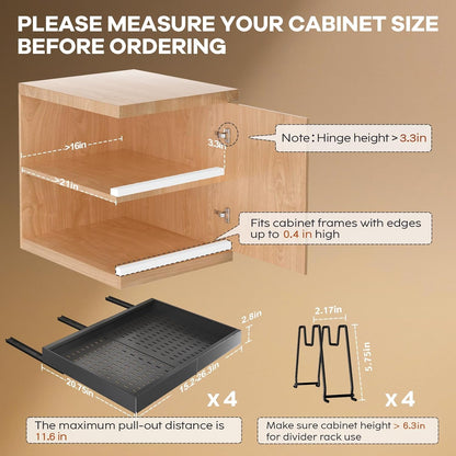 Seinloes 2Pack Pull out Cabinet Organizer 21"Deep with 4 Adjustable Dividers,Expandable（12.1"-20.4"W） Pots and Pans Organizer Under Cabinet with Raising Pad for Framed Cabinets,Slide out Drawers,White