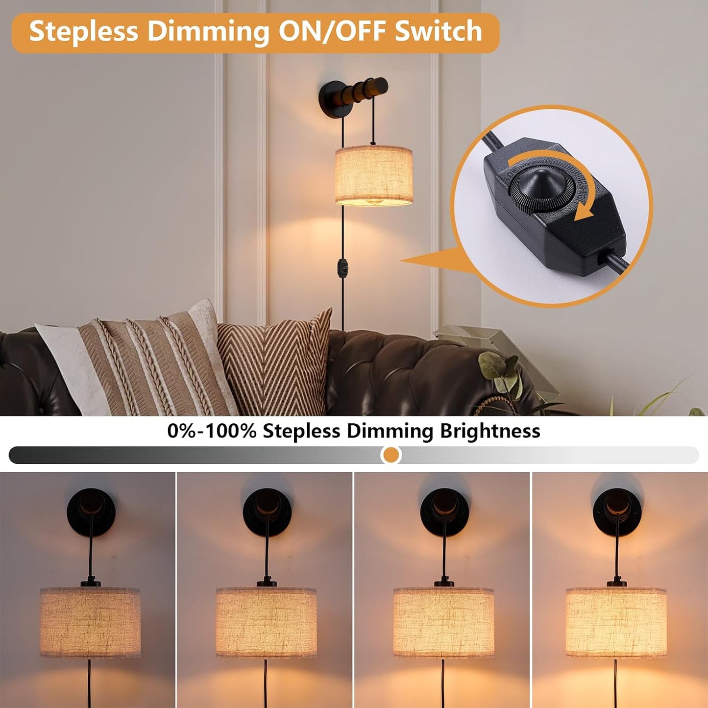 XSDeTu Battery Operated Wall Sconce with Remote, Rechargeable Battery Powered Wall Light, 3 Colors Dimmable Wall Mounted Lights, Adjustable Lamp for Bedroom Bedside, Wooden Arm, Fabric Shade, 2 Pcs