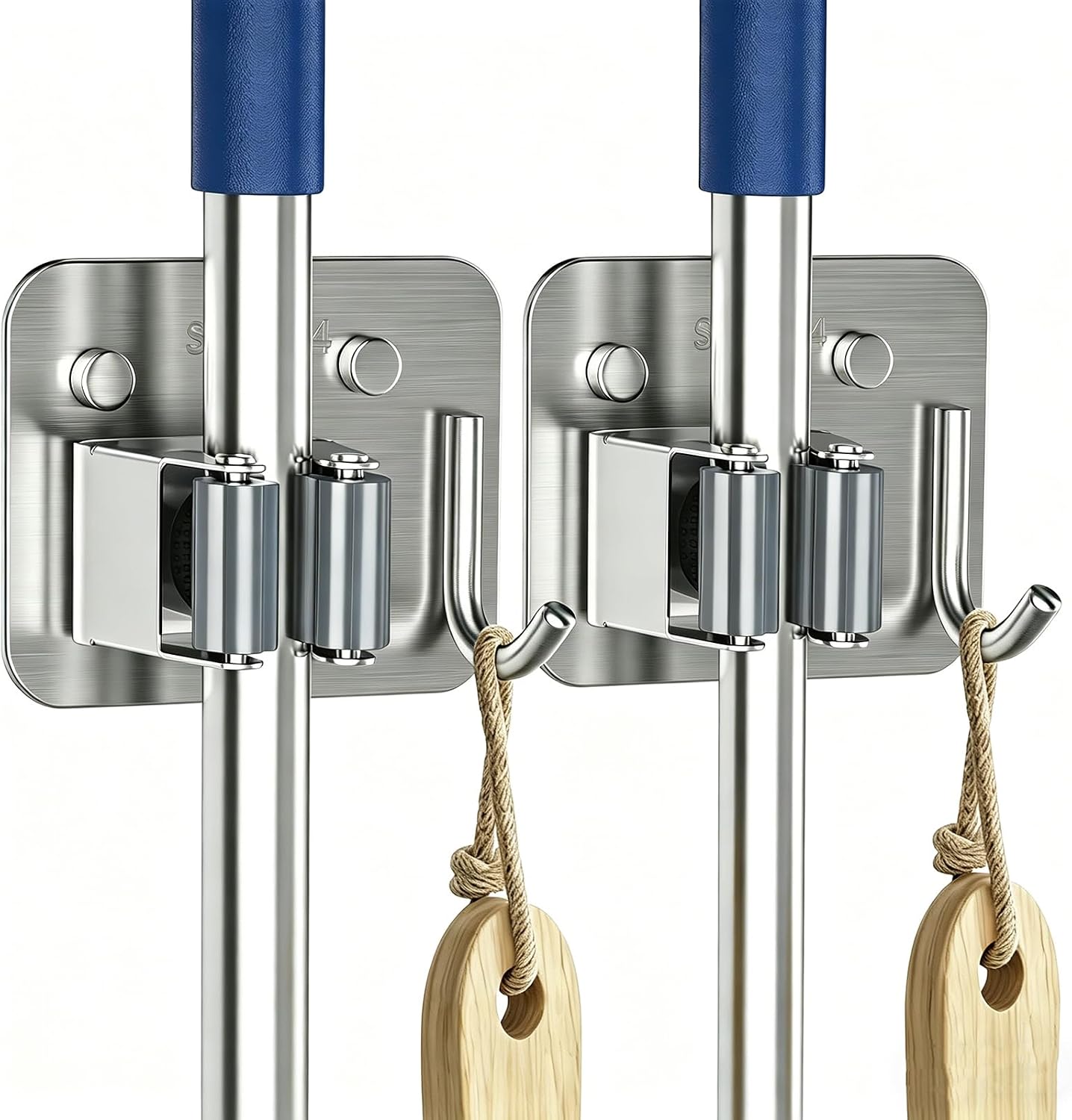 4 Pack Stainless Steel Mop and Broom Holder Wall Mount with Hook, Silver | Screw Drilling or Self Adhesive Storage Rack for Closet Laundry Garage Garden Tool Organizer