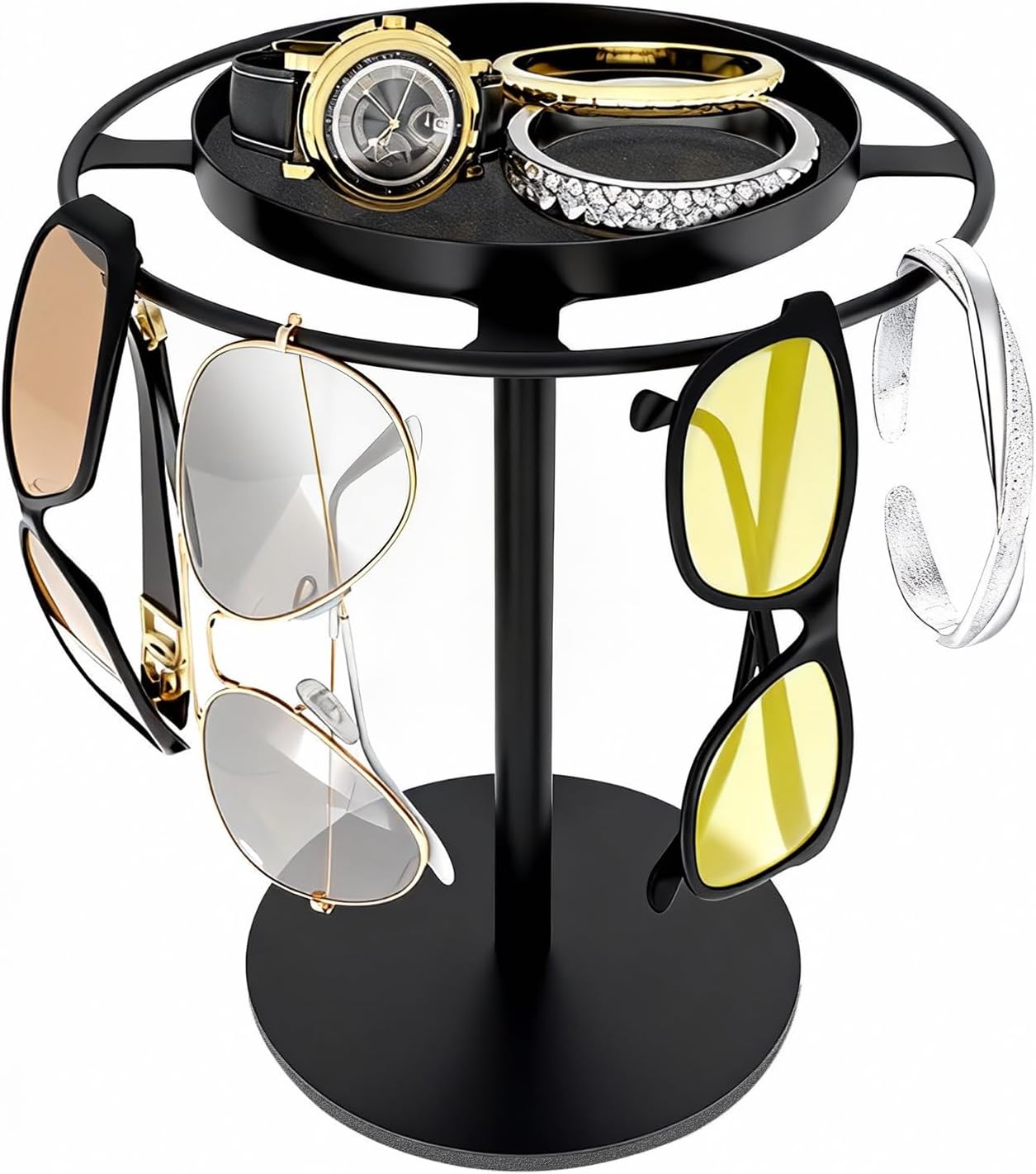 LSK Metal Sunglasses Organizer, Glasses Holder Stand with Storage Tray | Eyeglasses Holder with Anti-Slip Pads for Tabletop, Desk, Dresser, Matte Black