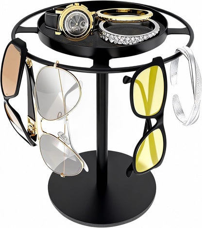LSK Metal Sunglasses Organizer, Glasses Holder Stand with Storage Tray | Eyeglasses Holder with Anti-Slip Pads for Tabletop, Desk, Dresser, Matte Black