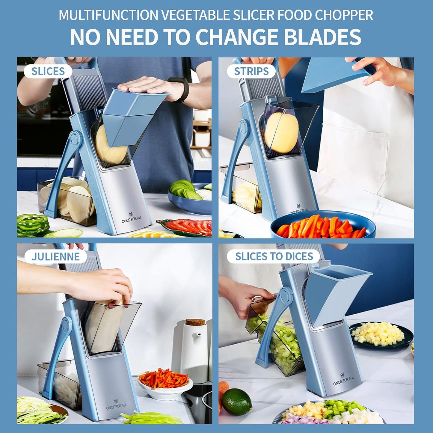 ONCE FOR ALL Safe Mandoline Slicer Plus, Bigger Size, Potato Slicer, Black | 0.1-8mm Adjustable Vegetable Food Chopper, Kitchen Mandoline Slicer Stainless Steel, Detachable Blade, Dishwasher-safe, Gift