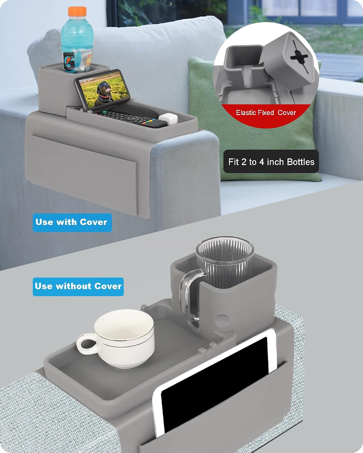 Silicone Couch Cup Holder, VIENFUT Anti-Spill Anti-Slip Sofa Armrest Tray BPA-Free, Dirt-Resistant Silicone Couch Arm Tray for Remote, Snacks, Cellphone and iPad, Gift for Family, Friend (Black)