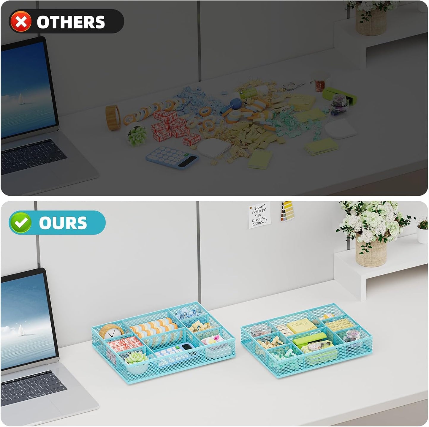 Marbrasse 2 Pack Desk Drawer Organizer, Mesh Drawer Organizer Tray with 8 Adjustable Compartments, Desk Organizers and Accessories, 5 Dividers Drawer for Office Supplies, Makeup & Vanity (Black)
