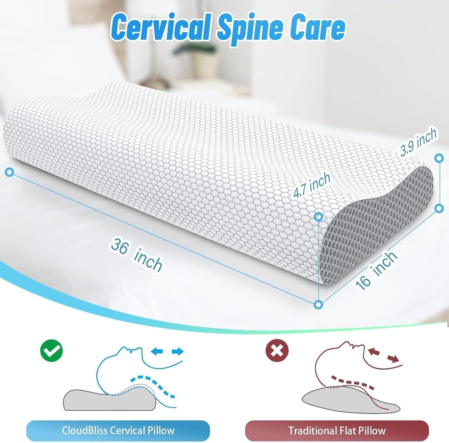 Neck Pillow for Sleeping, Ergonomic Cervical Bed Pillow, Blue Standard Size | Memory Foam Bed Pillow for Side Back Stomach Sleepers, Contour Fit Neck Pillow for Sleeping and Neck Pain Relief