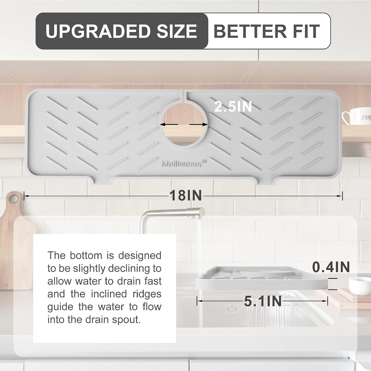 Silicone Faucet Mat for Kitchen Sink – Gen 2 Splash Guard with Upgraded Outlet & Slope – 18” x 5.1” Water Catcher & Sink Sponge Holder for Kitchen and Bathroom (Black)