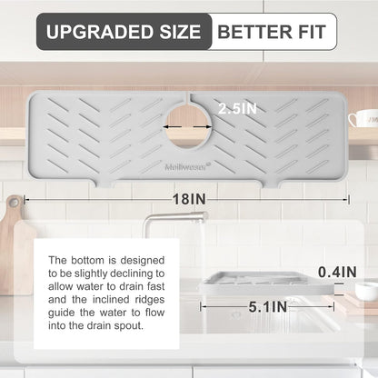 Silicone Faucet Mat for Kitchen Sink – Gen 2 Splash Guard with Upgraded Outlet & Slope – 18” x 5.1” Water Catcher & Sink Sponge Holder for Kitchen and Bathroom (Black)