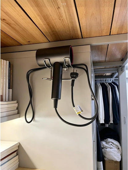 Universal Hair Dryer Holder Wall Mounted, Over Cabinet Door Hair Dryer Organizer, No Drill Self Adhesive Blow Dryer Rack, Bathroom Hair Tool Storage for Hair Brush, Curling Iron, Straightener