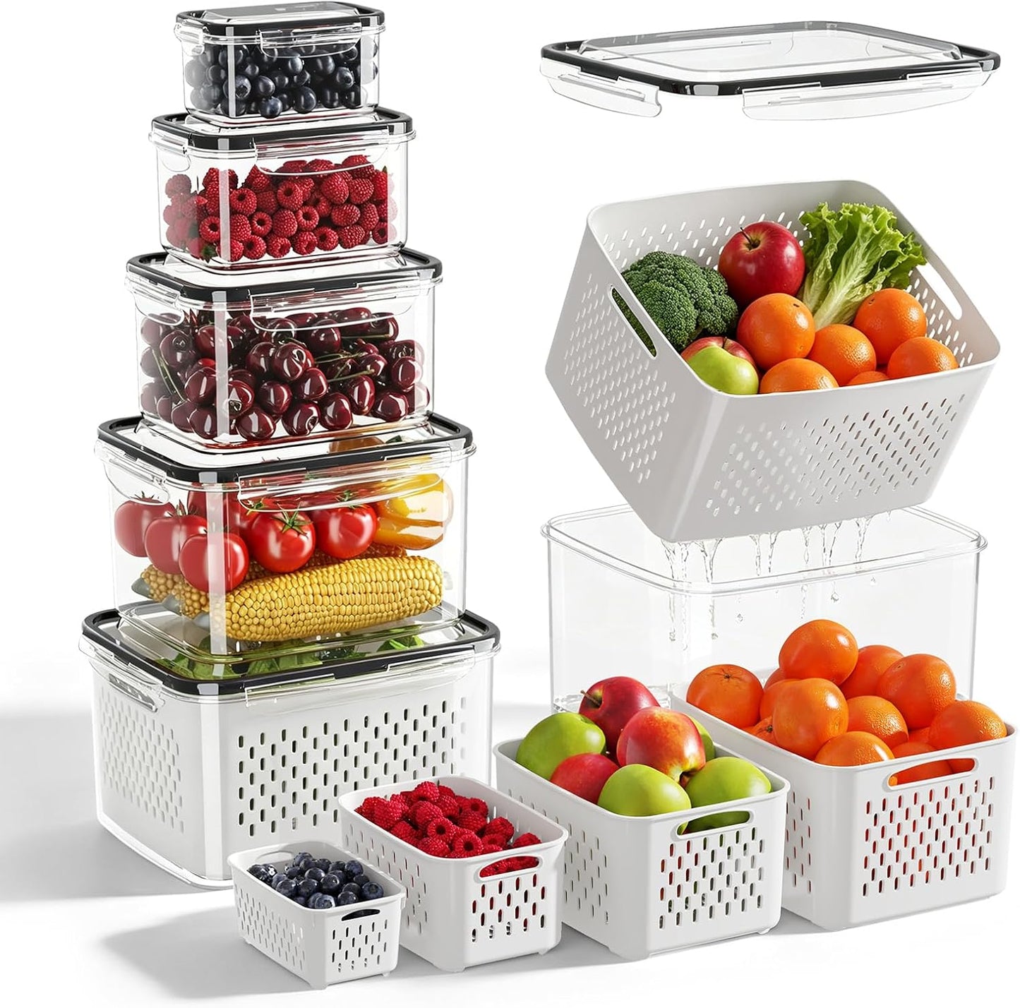 Fruit Storage Container for Fridge with Removable Colander, 6 Pack | Leakproof Produce Containers for Fridge, Airtight Food Storage Container, Keep Fruit, Veggies, Berry, Salad Fresh Longer