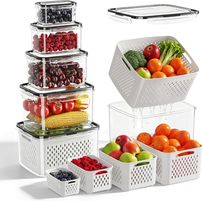 Fruit Storage Container for Fridge with Removable Colander, 6 Pack | Leakproof Produce Containers for Fridge, Airtight Food Storage Container, Keep Fruit, Veggies, Berry, Salad Fresh Longer