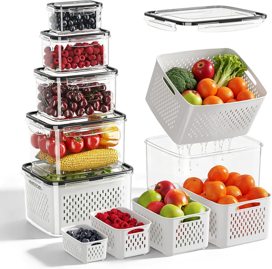 Fruit Storage Container for Fridge with Removable Colander, 6 Pack | Leakproof Produce Containers for Fridge, Airtight Food Storage Container, Keep Fruit, Veggies, Berry, Salad Fresh Longer