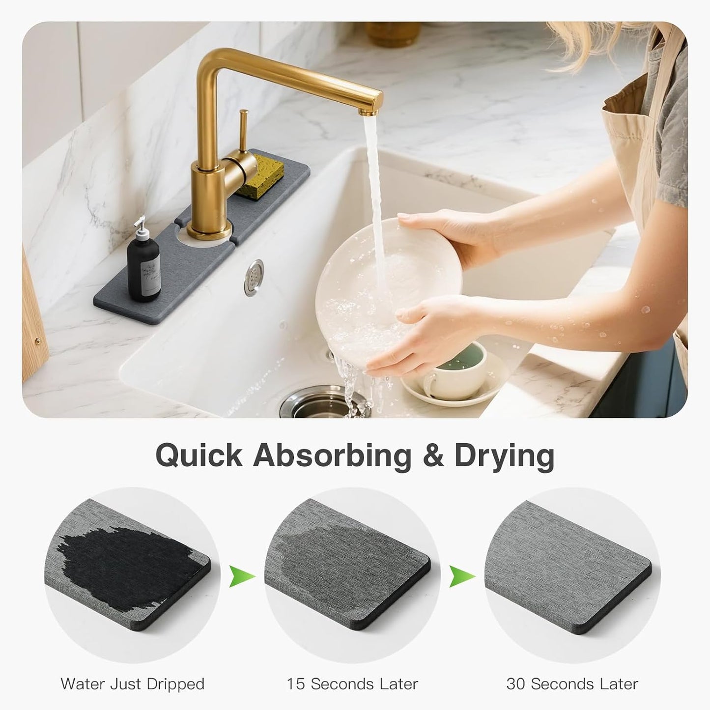 Premium Stone Faucet Mat for Kitchen Sink, 30" x 4" White | Quick Drying & Water Absorbent, Sink Splash Guard Tray for Prevents Moisture Buildup
