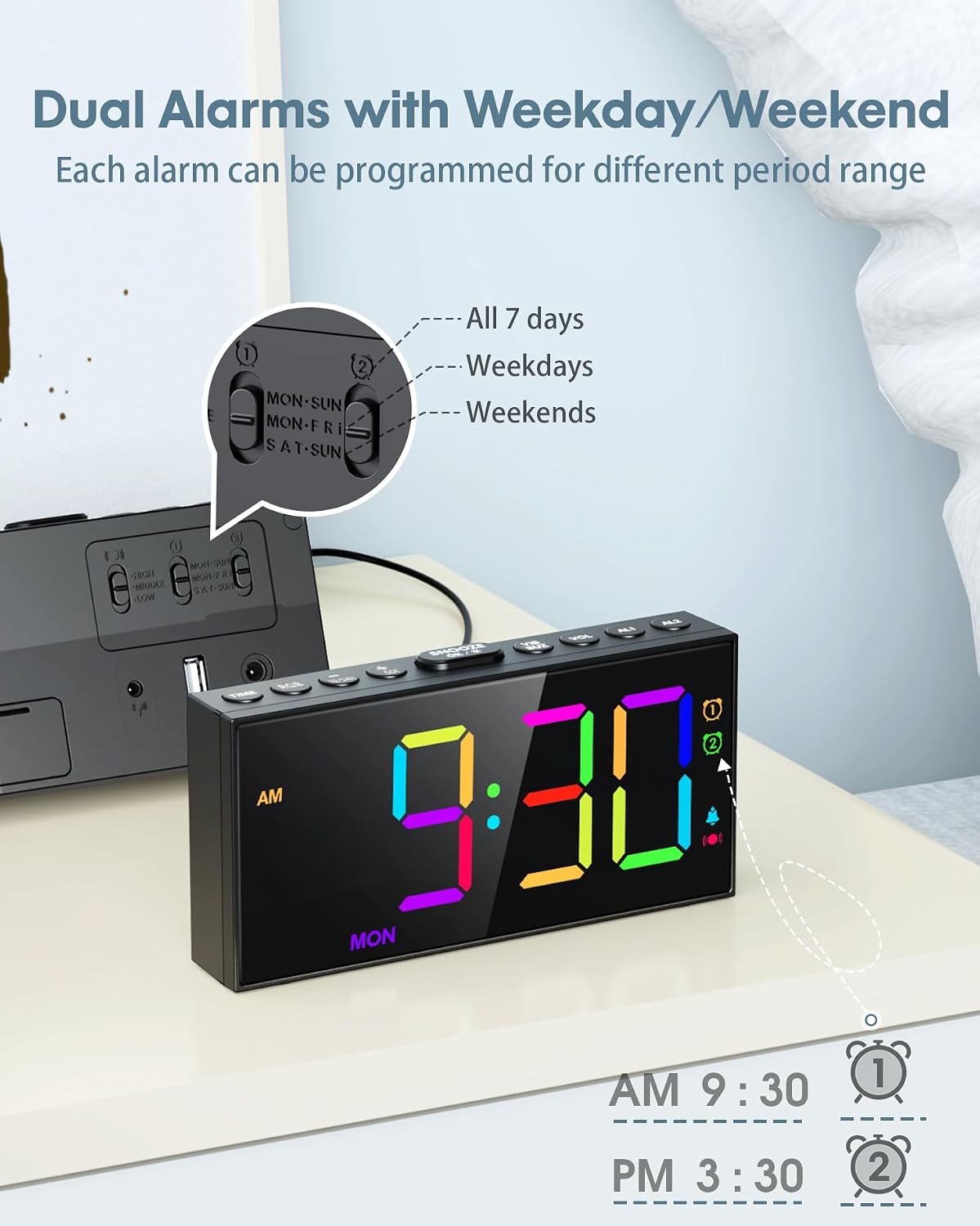 Roxicosly Vibrating Alarm Clock with Bed Shaker for Heavy Sleepers, 3-Level Vibration, Dual Alarms with Weekday & Weekend Mode, Large Digits, Dimmer, Snooze, USB Charger, Battery Backup