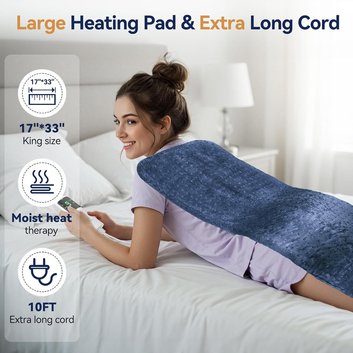 Heating Pad for Back, 17 x 33 in,9 Heat Settings,4 Timer, Gray