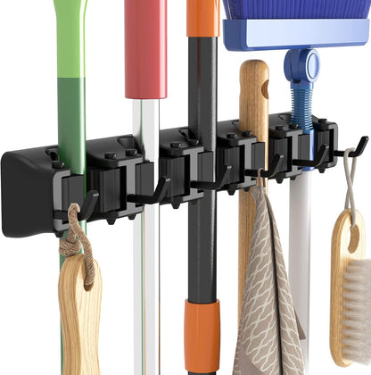 Lifewit Mop and Broom Holder Organzier Wall Hanging Mount, Black, 1 Pack | Anti-Slip Broom Storage for Cleaning Organizer, Easy Install Tool Hanging Rack with 5 slots & 6 hooks for Kitchen, Garage