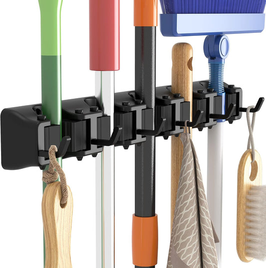 Lifewit Mop and Broom Holder Organzier Wall Hanging Mount, Black, 1 Pack | Anti-Slip Broom Storage for Cleaning Organizer, Easy Install Tool Hanging Rack with 5 slots & 6 hooks for Kitchen, Garage