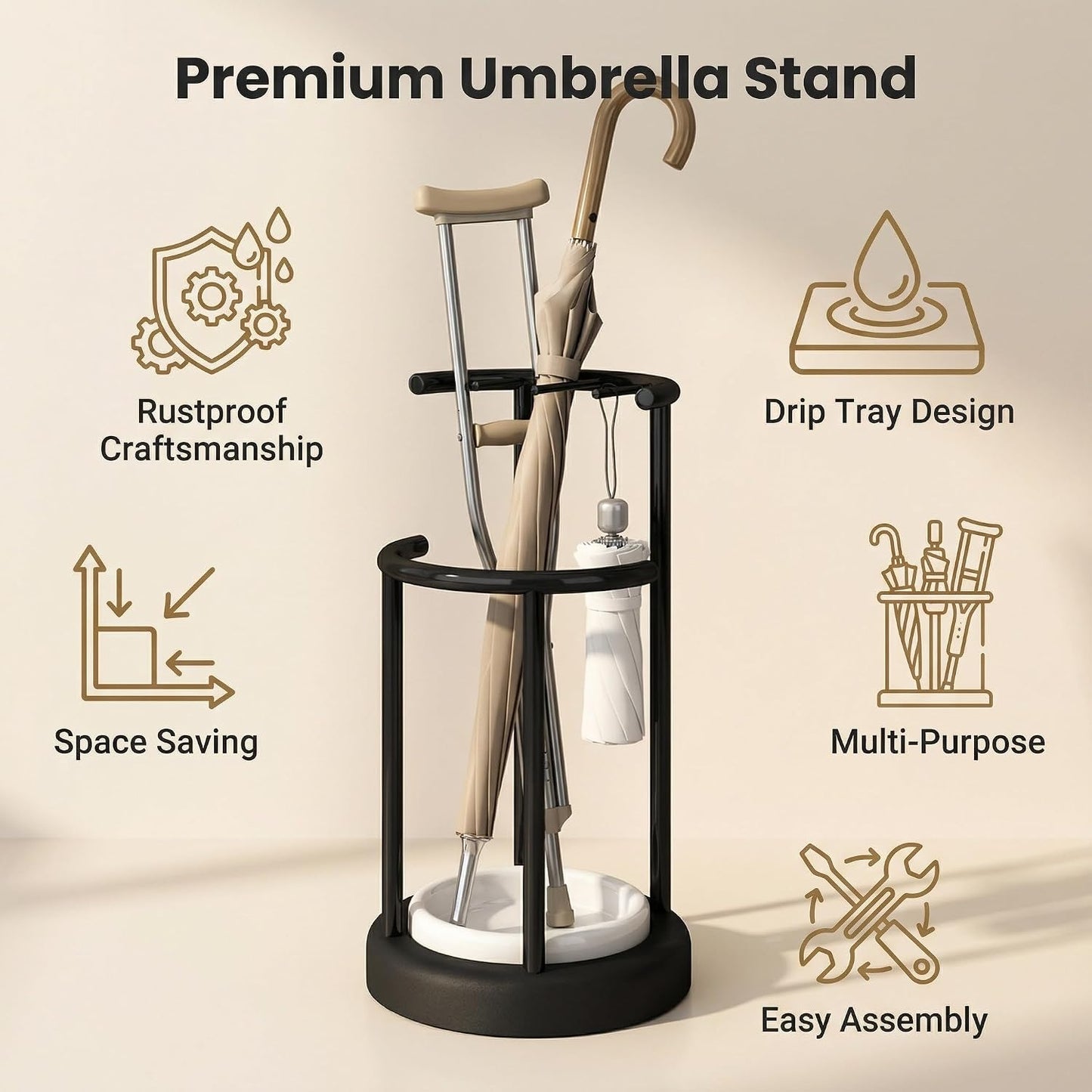 Umbrella Stand with Detachable Drip Tray, Rustproof Entryway Storage Rack | Removable Drip Tray, Rustproof Sturdy Metal, Space-Saving Organizer, Multi-Use for Umbrellas, Easy Install for Home Office