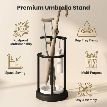 Umbrella Stand with Detachable Drip Tray, Rustproof Entryway Storage Rack | Removable Drip Tray, Rustproof Sturdy Metal, Space-Saving Organizer, Multi-Use for Umbrellas, Easy Install for Home Office