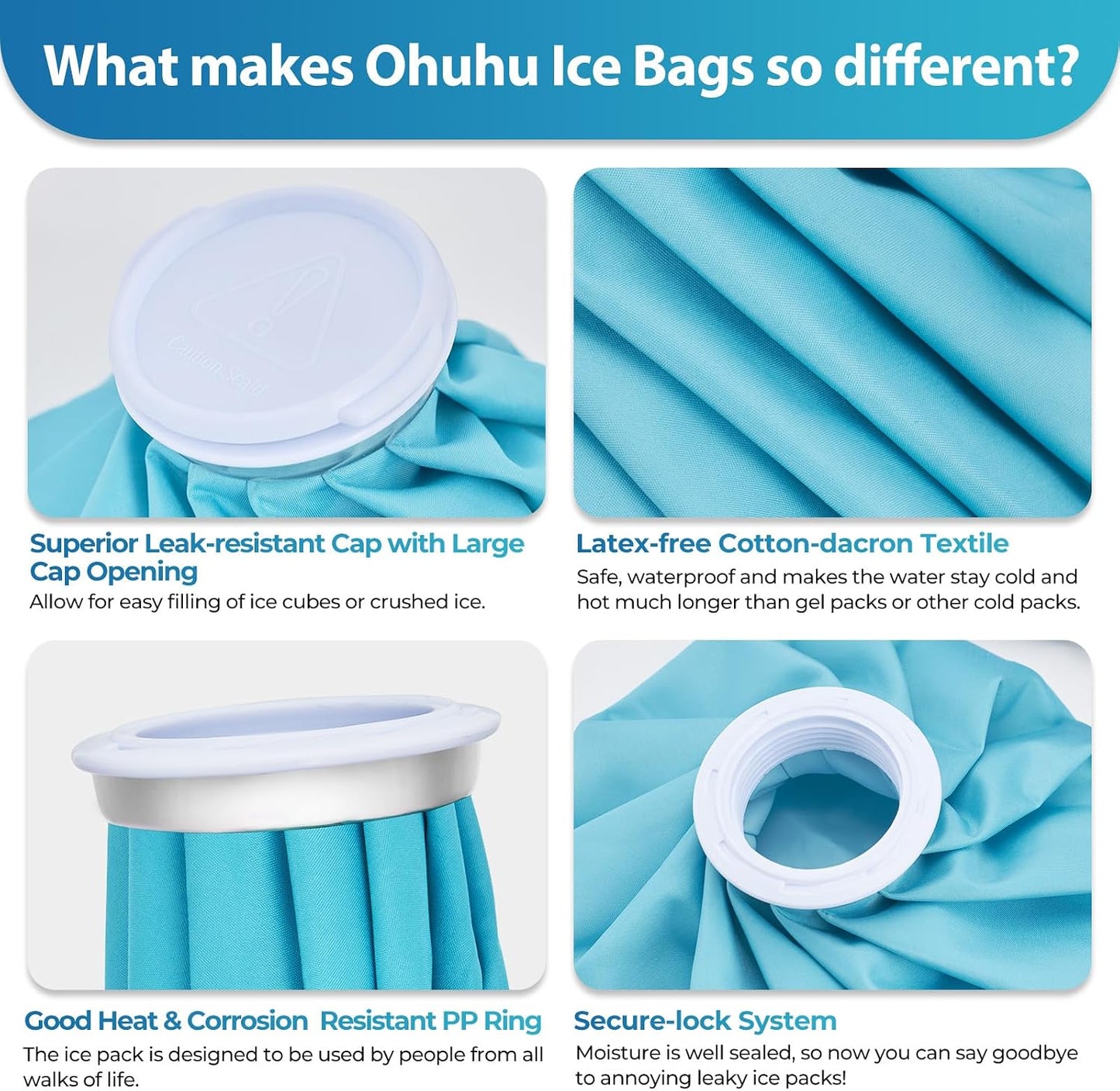 Ice Bags for Injuries Reusable: Ohuhu 3 Packs Ice Cold Packs with 2 Wrap Ice Bag Hot Water Hot & Cold Therapy Pain Relief for Knee Leg Injury No-Leak Waterproof Ice Bags 3 Sizes 6"/9"/11", Light Blue