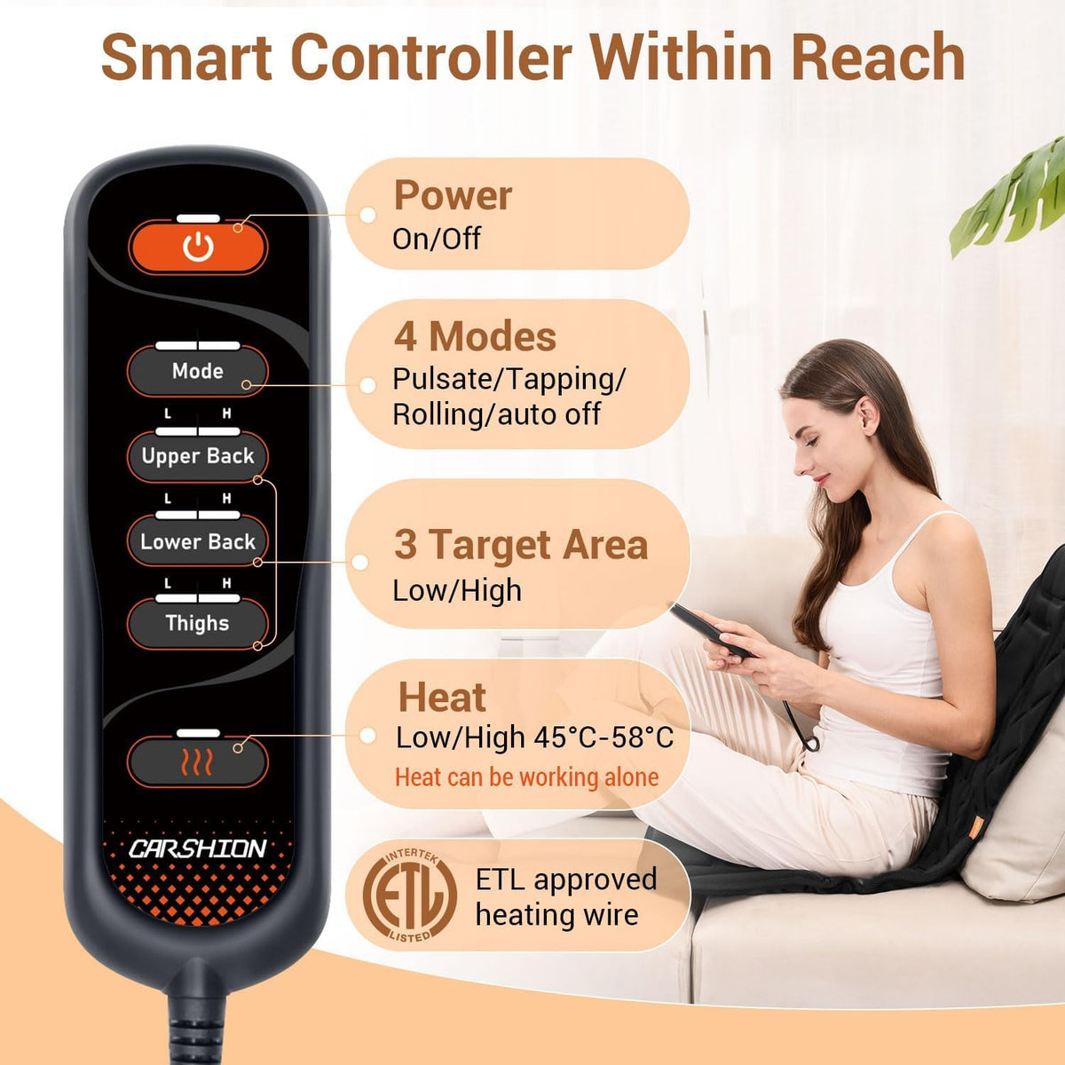 CARSHION 10 Vibrating Massage Nodes Back Massager Chair Pad for Pain Relief