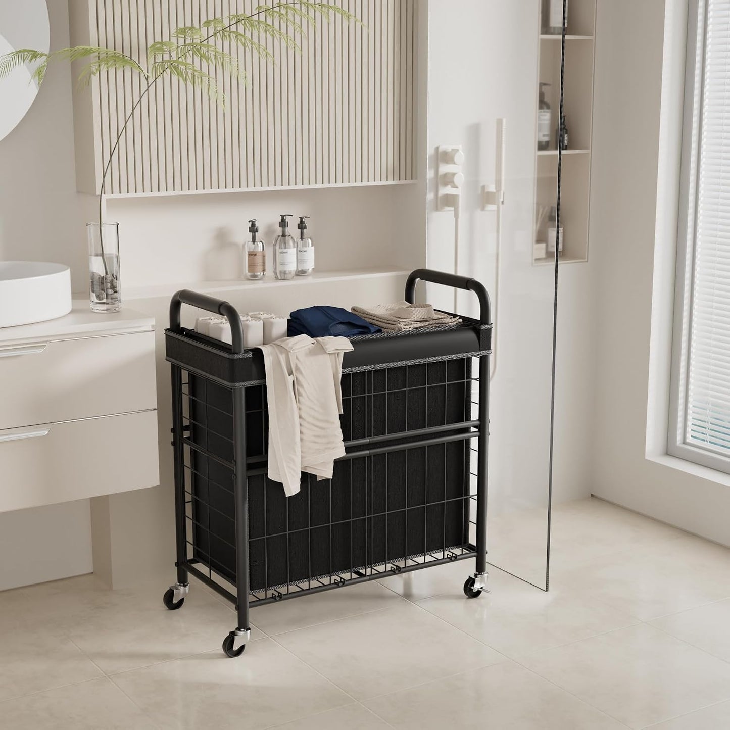 110L Rolling laundry Sorter Hamper Basket 2 Section with Wheels | Laundry Cart with Removable Bag, Clothes Organizer, Bedroom, Bathroom, Laundry Room, Dorm Use