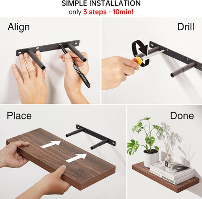 BAYKA Rustic Brown Floating Shelves 22.5in, Set of 2, Wall Mount Wood Shelf | Easy Install, 22lbs Max Load, Hidden Bracket, for Bathroom Bedroom Living Room or Kitchen, Hanging Shelf Book Decor Storage