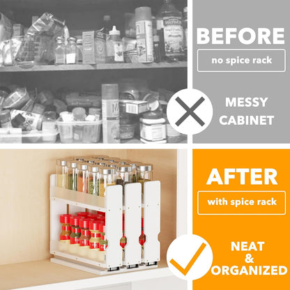 SpaceAid Bamboo Pull Out Spice Rack Organizer for Cabinet, Heavy Duty Slide Out Seasoning Kitchen Pantry Sliding Vertical Organization, 7.6" Wide, 3 Drawers(2" Wide), 2-Tier, Natural