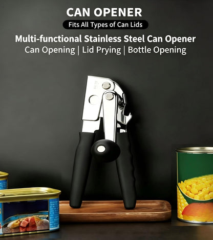 Heavy Duty Manual Can Opener - Smooth Edge Safety Cutting with Magnetic Lid Lifter, Ergonomic Non-Slip Handles, Built-in Bottle Opener, Stainless Steel Kitchen Tool