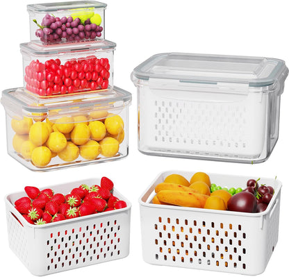 Dayacoco Fruit Storage Containers for Fridge 4 Pcs with Drain Basket | Fridge organizers & storage - 4 fruit containers w/ drain baskets, BPA-free PP, leak-proof seal, stackable, DW/MW safe.