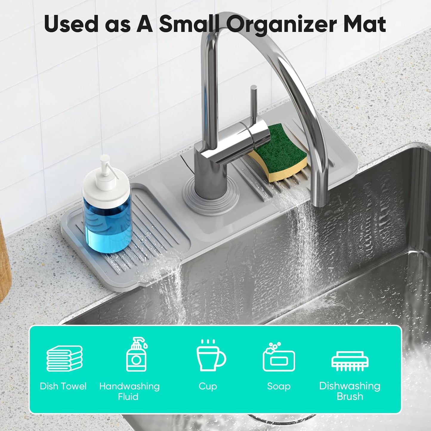 24 Inch Longer Faucet Mat for Kitchen Sink [5° Slope Fast Self-draining]Bathroom Kitchen Sink Splash Guard Silicone Sinks Faucet Mat Splash Guard for Kitchens Sinks Area Tidy Splashs Draining Mats