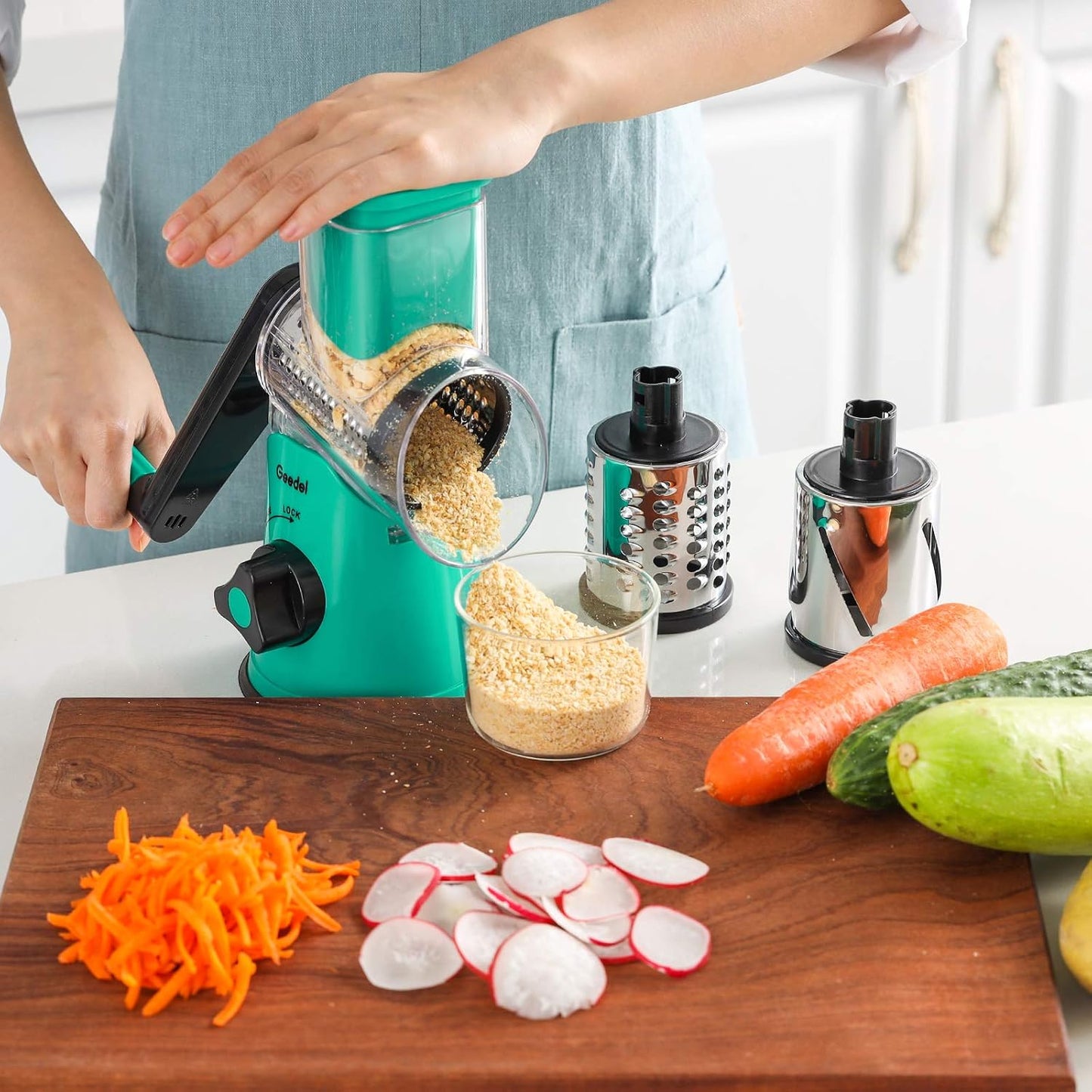 Geedel Rotary Cheese Grater, Kitchen Mandoline Vegetable Slicer with 3 Interchangeable Blades, Easy to Clean Rotary Grater Slicer for Fruit, Vegetables, Nuts | 3 Blades, 430 Stainless Steel, 12x Fast Cutting, Strong Suction Base, No BPA, Dishwasher Safe,