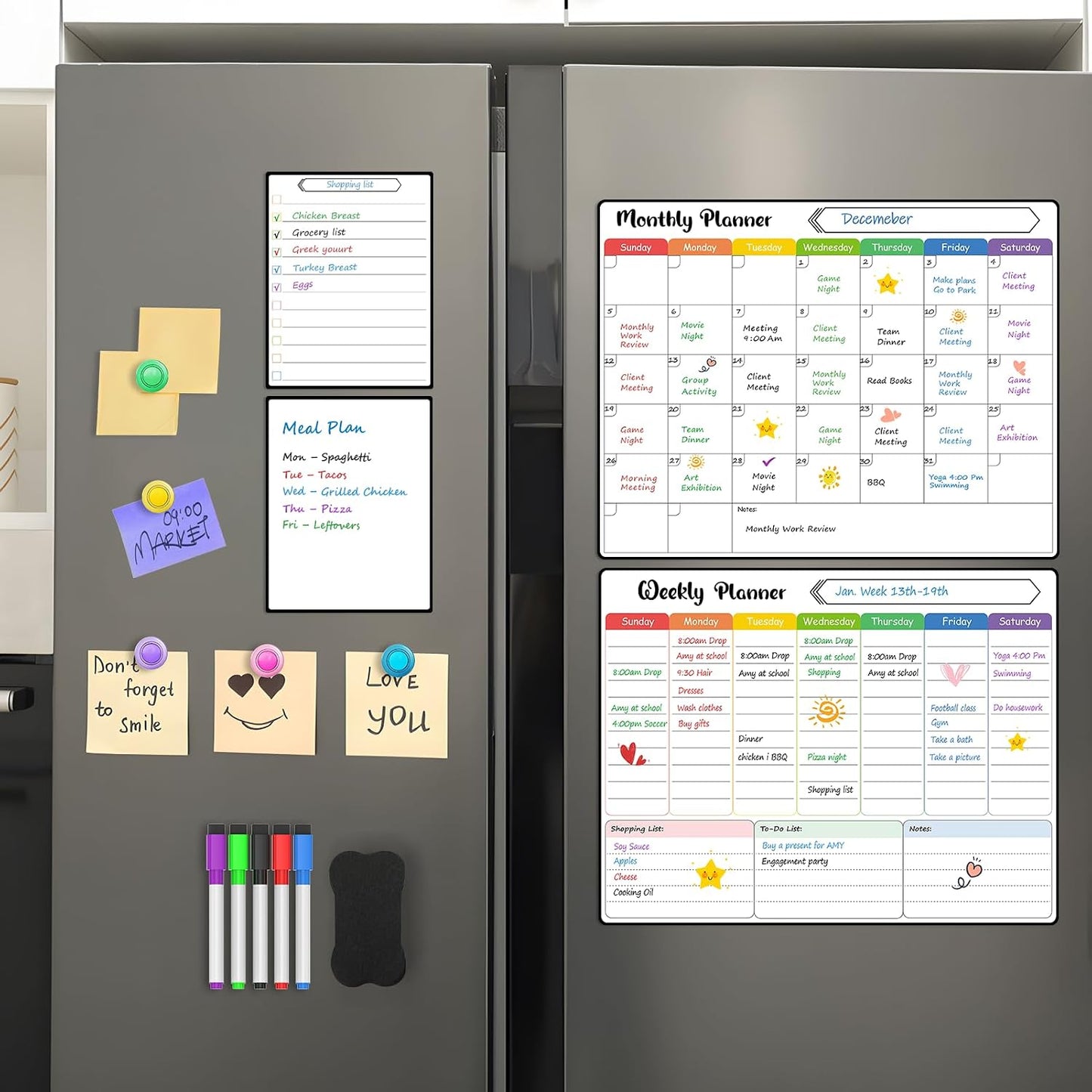 MaxGear 4 Pack Magnetic Dry Erase Board Calendar for Fridge, 15" x 11.5" | Strong Magnetic, Easy to Write and Clean, Dry Erase and No Stains, Includes List, Small Board, 5 Markers,5 Magnets,1 Eraser