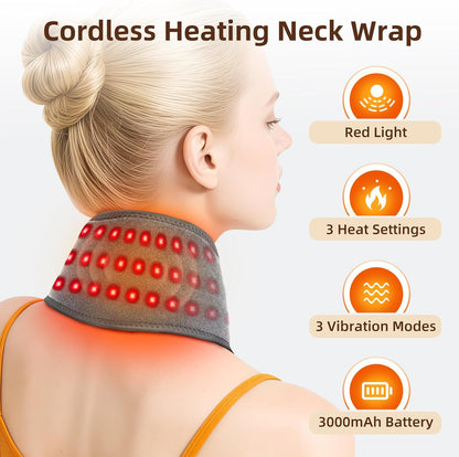 Cordless Neck Heating Pad for Pain, Neck Massager with 660nm 850nm Red Light, Heated Neck Wrap with 3000mAh Rechargeable, 3 Levels Heat & Massage, Gray
