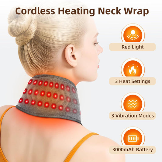 Cordless Neck Heating Pad for Pain, Neck Massager with 660nm 850nm Red Light, Heated Neck Wrap with 3000mAh Rechargeable, 3 Levels Heat & Massage, Gray