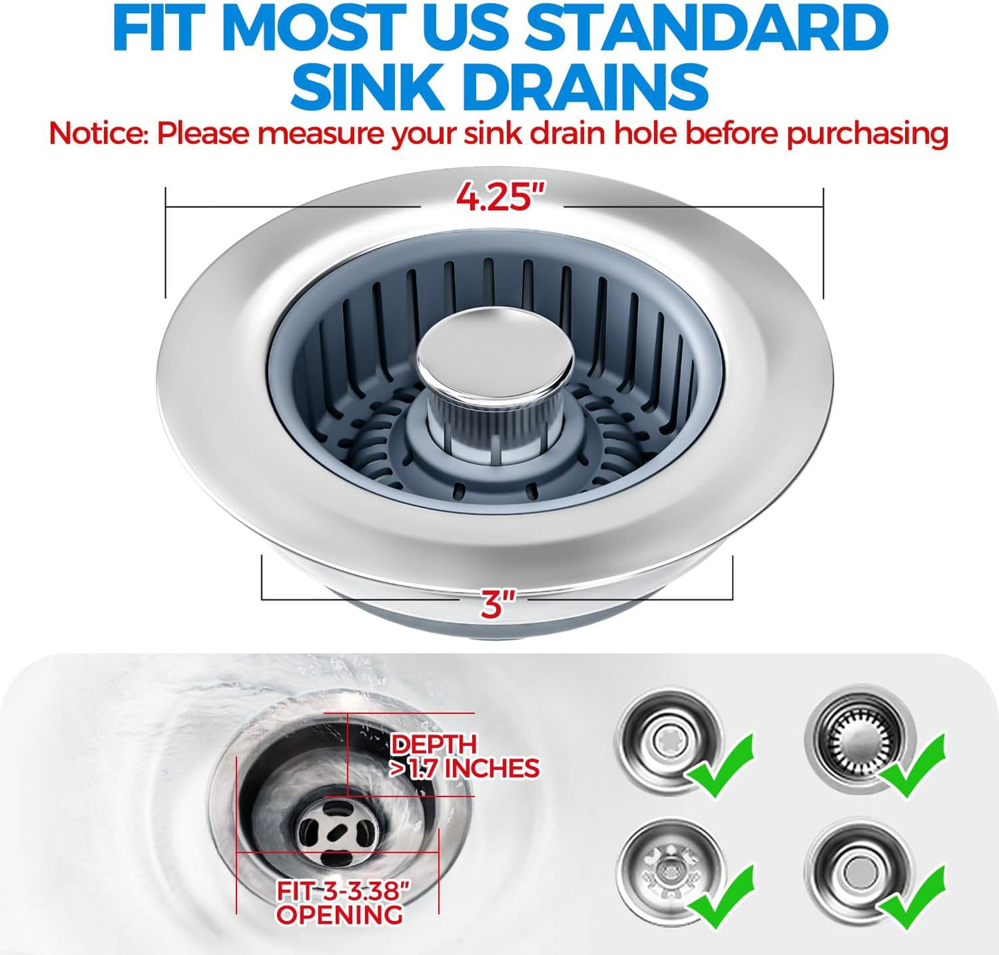 3 in 1 Kitchen Sink Drain Strainer Stopper Removable Basket Pop-Up | Kitchen Sink Food Strainer 1 Pack Silver Stainless - Food Catcher, Odor-Block Seal, Fits 3.5" Drain, Easy Clean