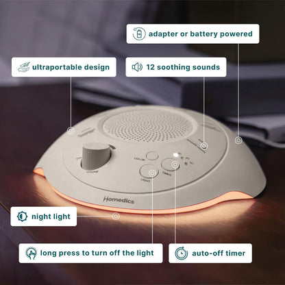 Homedics White Noise Portable Sound Machine, Night Light, Cream