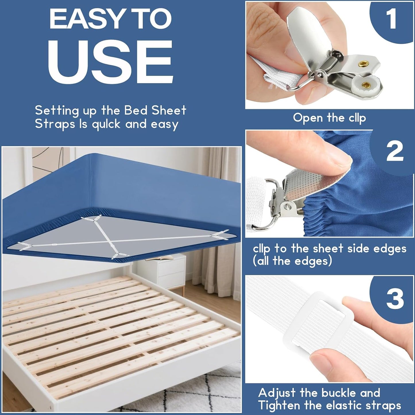 CHRORINE Bed Sheet Holder Straps Adjustable Sheet Fasteners Clips Keep Bedding Stays in Place, 4 Pcs/Set, Black