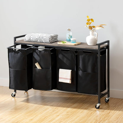 HOOBRO Laundry Sorter 4 Sections, Laundry Hamper with Wheels, 4 × 10.5 Gal (39.8L), Rolling Laundry Basket, Pull-Out and Removable Oxford Fabric Bags, Greige and Black BG04XY01