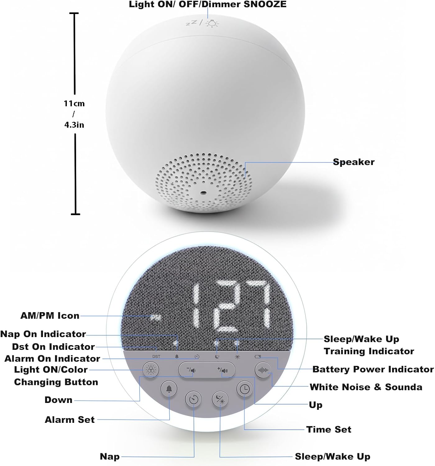 OCEST Sunrise Alarm Clock with White Noise & Dimmable RGB Night Light | Rechargeable Wake Up Light & Sound Machine with 11 Sleep Sounds, Timer, Snooze, Perfect for Kids Babies Adults and Bedside