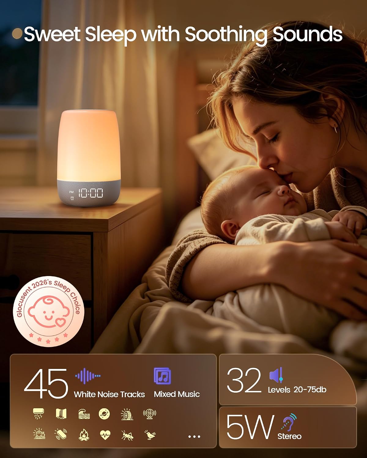 Glocusent White Noise Sound Machine for Sleep, 45 Sleep Sounds