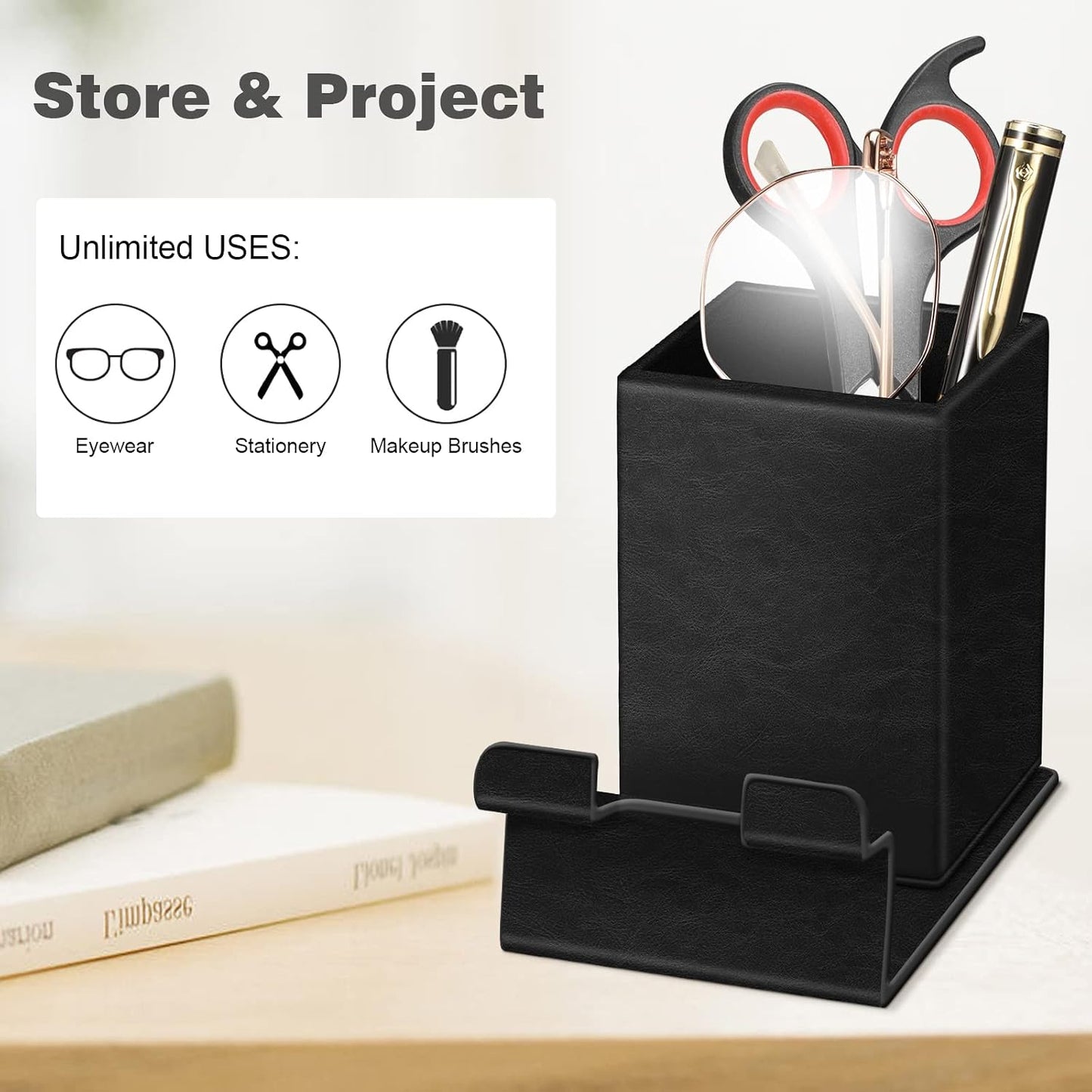 FINTIE Pencil Holder With Phone Stand, Eyeglasses Holder, Desktop Organizer | Nightstand Glasses Holder, Desktop Organizer, For Remote/Pen Storage, Office Supplies Case, Home Decor
