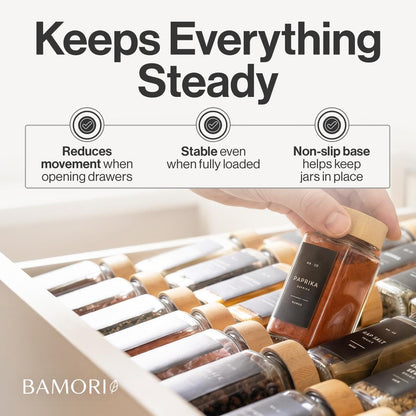 Bamboo Spice Drawer Organizer, Expandable 12 to 23 Inch Insert Holds 48 Jars, 4 Tier Seasoning Rack for Kitchen Drawer or Countertop, Adjustable Wood Spice Organizer